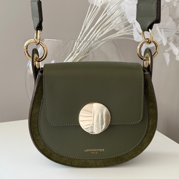 LePARMENTIER Paris Yucca Suede and Leather Shoulder Bag in Military Green - Picture 3 of 14